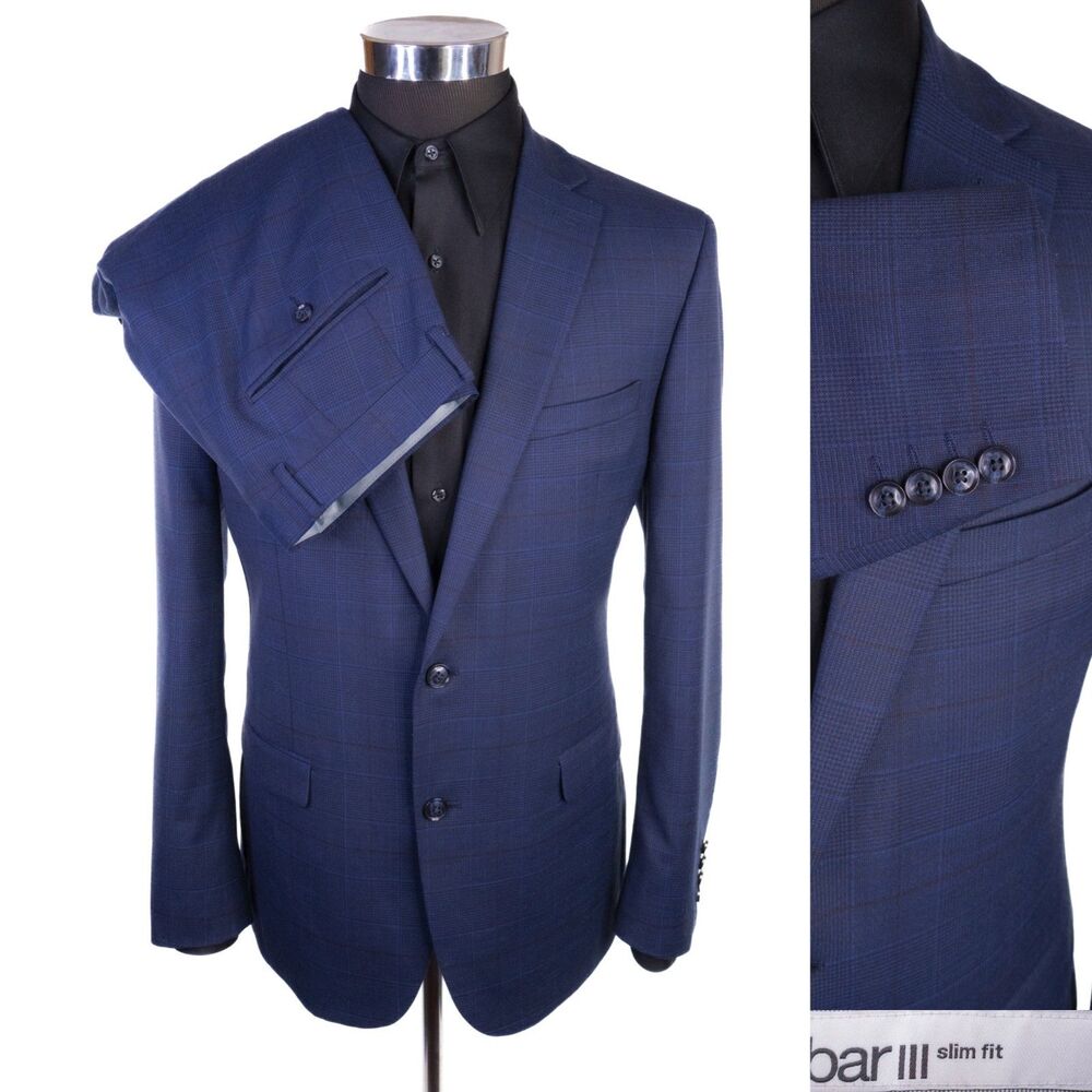 Bar III 2-Pcs Blue Plaid Wool Blend 2-Button Suit Blazer Sz 42R Pants 32XUnhemed
